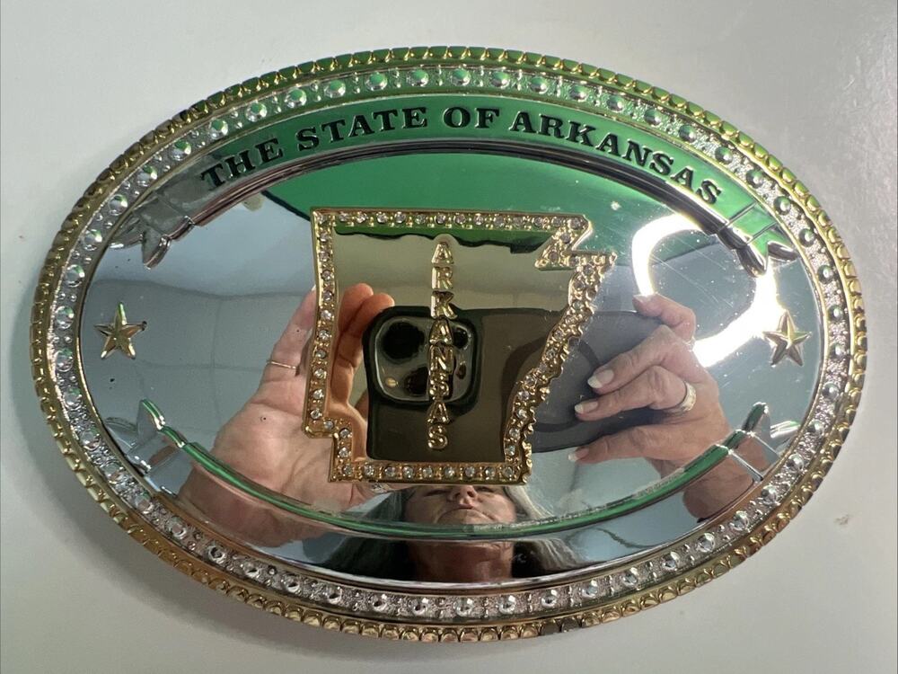 State of Arkansas Silver/Gold Tone Belt Buckle With Rhinestones Large 6” Wide